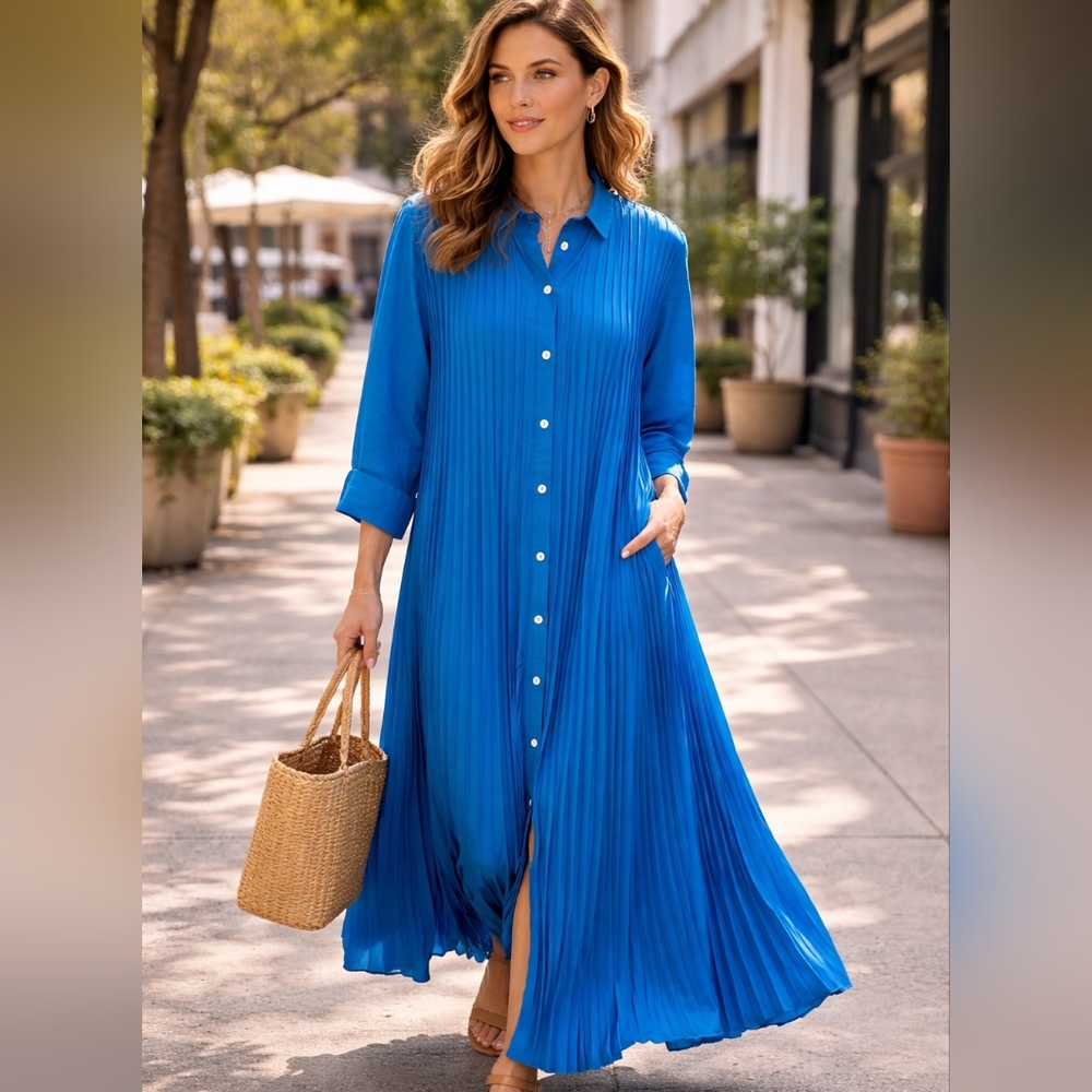 Blue Pleated Maxi Shirt Dress
